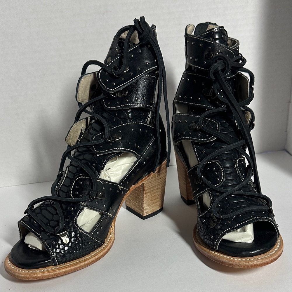 Freebird by Steven Black Lace-Up Heels snake print leather.